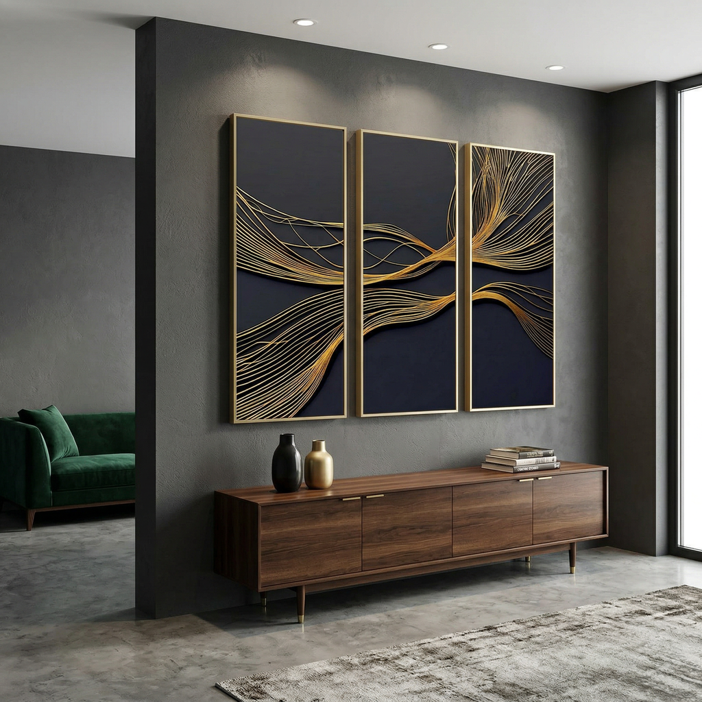 Gold Line Abstract Triptych Canvas Art: Modern Black and Gold Wall Decor AffinityArts