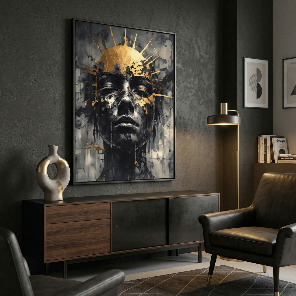 Canvas Wall Art – Abstract Golden Crown Portrait | Luxury Floating Frame Painting AffinityArts
