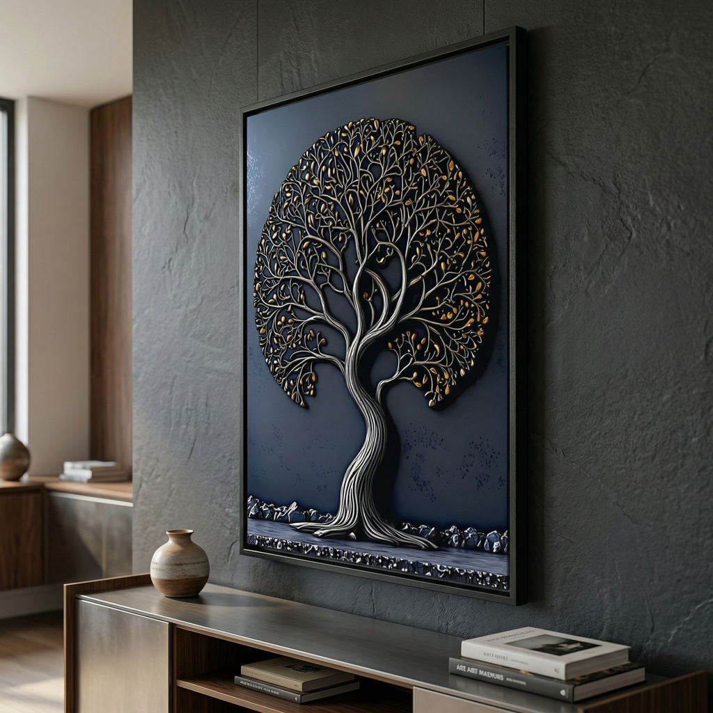 Tree of Life Canvas Art: Gold & Silver Metal Effect, Floating Frame AffinityArts